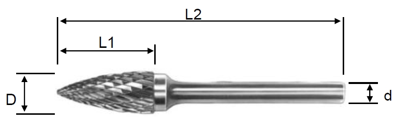 Борфреза твердосплавная гиперболическая по металлу форма G (с заостренным/точечным торцом) 19х25х70х6 мм - изображение, картинка, фото на сайте ISO-market.ru